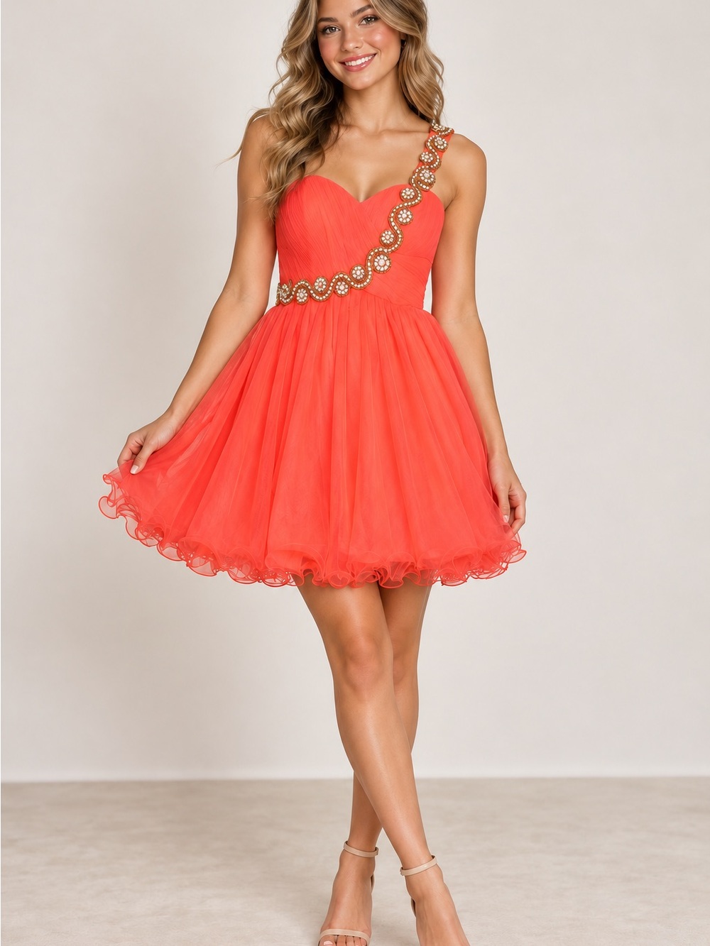 My Michelle Size 5 Coral One-Shoulder Rhinestone Homecoming Party Dress